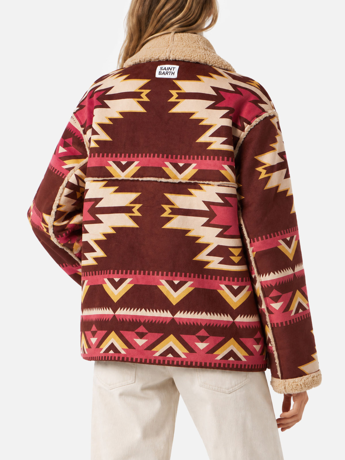 Manteau réversible en shearling Dorys beige avec motif ethnique 