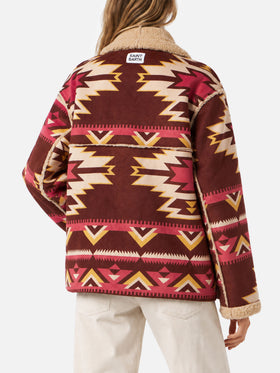 Manteau réversible en shearling Dorys beige avec motif ethnique 