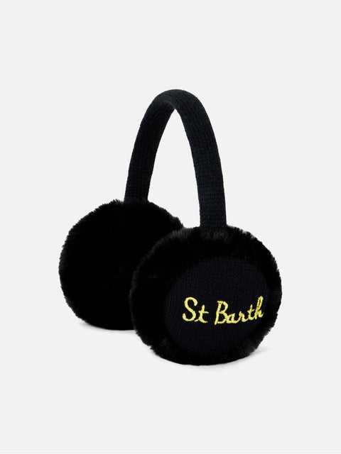 Woman black tricot earmuffs with furry details - MC2 Saint Barth