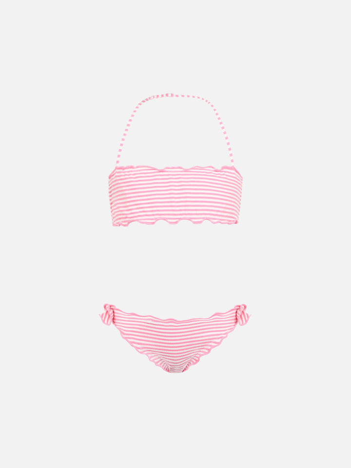 Girl seersucker classic bandeau bikini Emy with striped print - MC2 Saint Barth