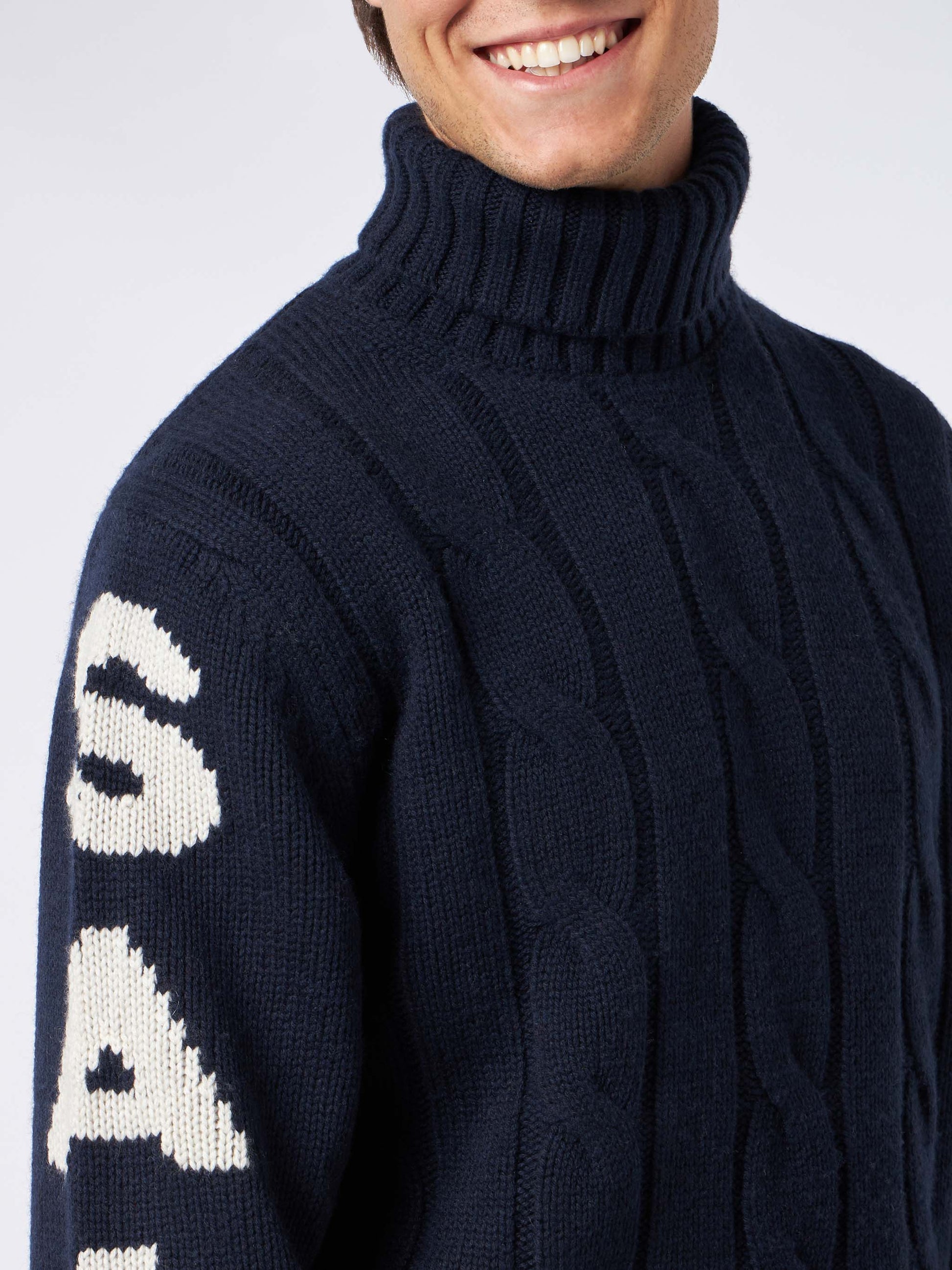 Man navy blue cable knit sweater Fisherman with Saint Barth jacquard - MC2 Saint Barth