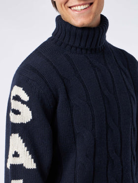 Man navy blue cable knit sweater Fisherman with Saint Barth jacquard - MC2 Saint Barth