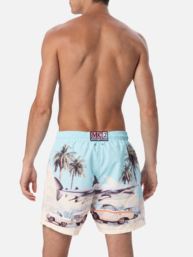 Man mid-length Gustavia swim-shorts with car and shark placed print  | AI CO-CREATED DESIGN BY RICKDICK - POWERED BY RED