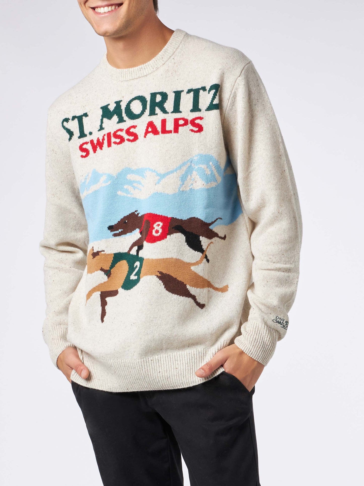 Herren-Donegal-Pullover mit Rundhalsausschnitt und St. Moritz-Polo-Print