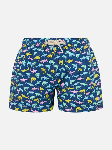 Boy lightweight fabric swim-shorts Jean Lighting with sharks print - MC2 Saint Barth