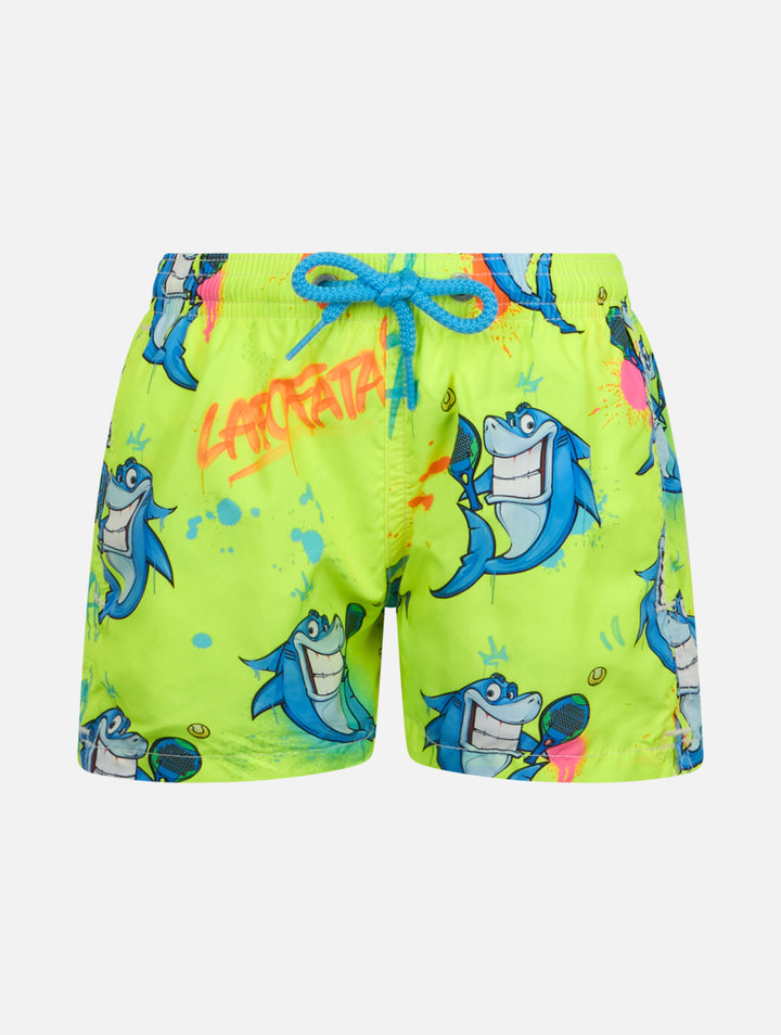 Costume da bagno da bambino in tessuto leggero Jean Lighting con stampa cripto squalo | EDIZIONE SPECIALE CRYPTOPUPPETS