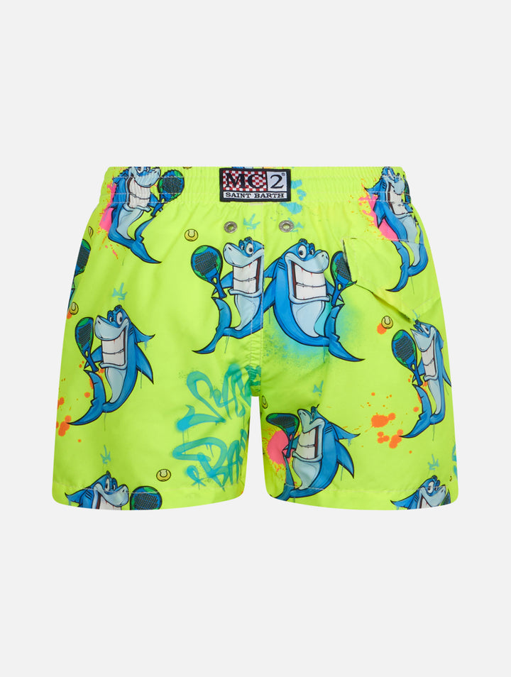 Costume da bagno da bambino in tessuto leggero Jean Lighting con stampa cripto squalo | EDIZIONE SPECIALE CRYPTOPUPPETS