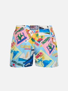 Boy lightweight fabric swim-shorts Jean Lighting with postcard print - MC2 Saint Barth