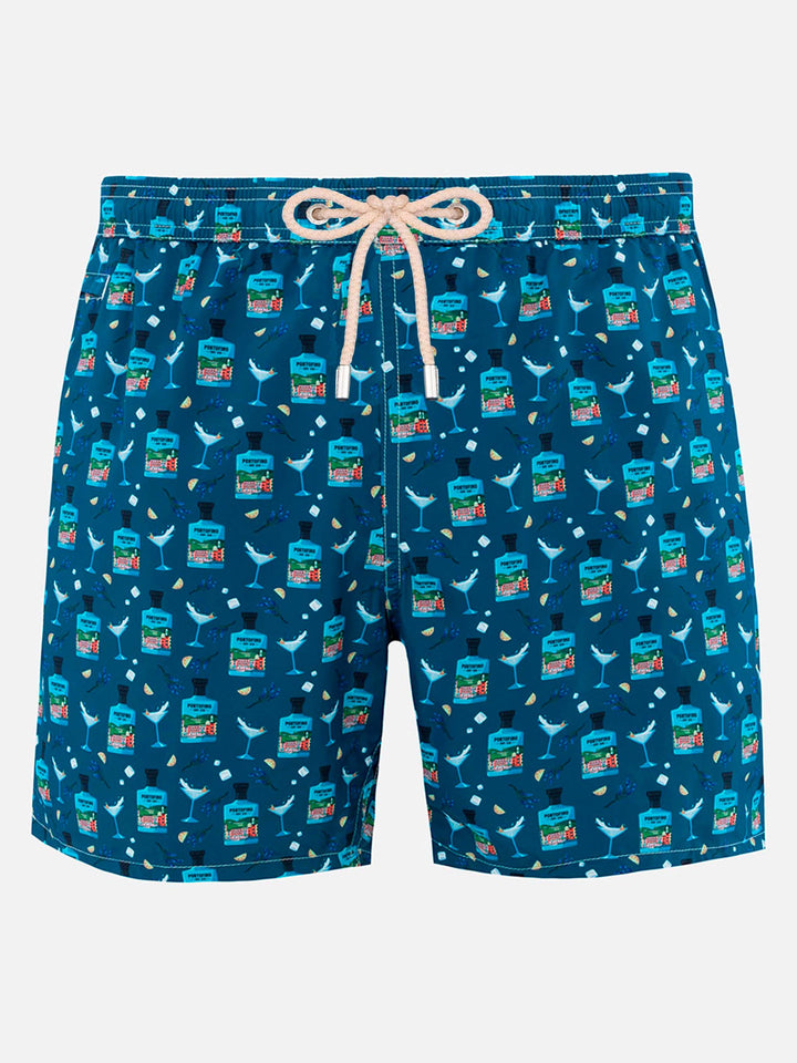 Man lightweight fabric swim-shorts Lighting Micro Fantasy with Gin Tonic Portofino Gin print | PORTOFINO DRY GIN SPECIAL EDITION