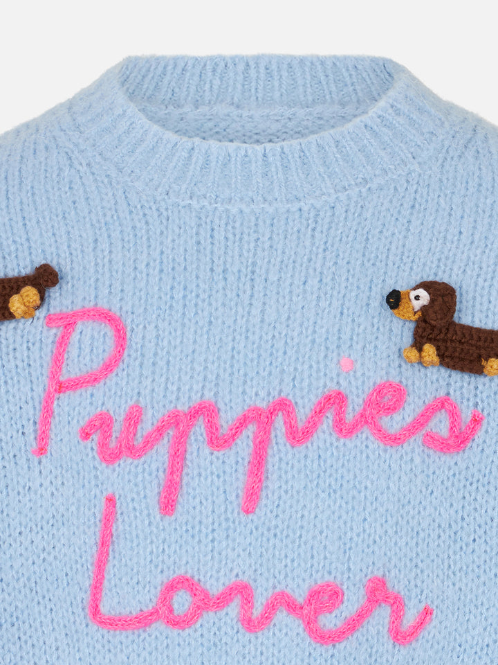 Girl crewneck soft sweater with dogs crochet patch and Puppies Lover embroidery - MC2 Saint Barth