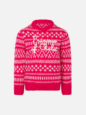Girl crewneck soft sweater with fair isle print and Princess of Chalet embroidery - MC2 Saint Barth