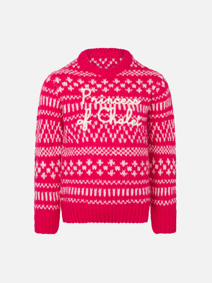 Girl crewneck soft sweater with fair isle print and Princess of Chalet embroidery - MC2 Saint Barth
