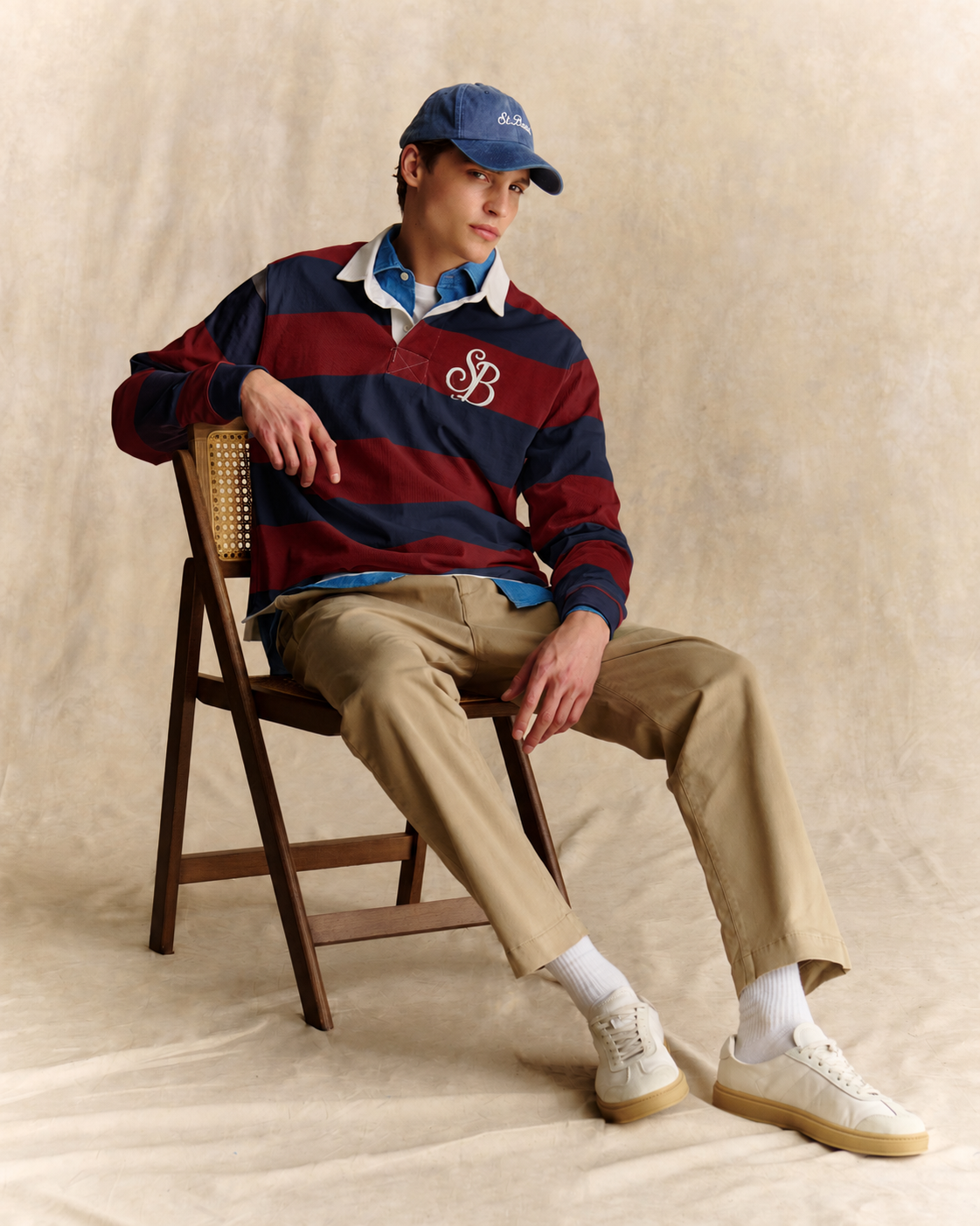 Polo rugby Quarterback a righe blu navy e bordeaux in cotone con monogramma SB Legacy