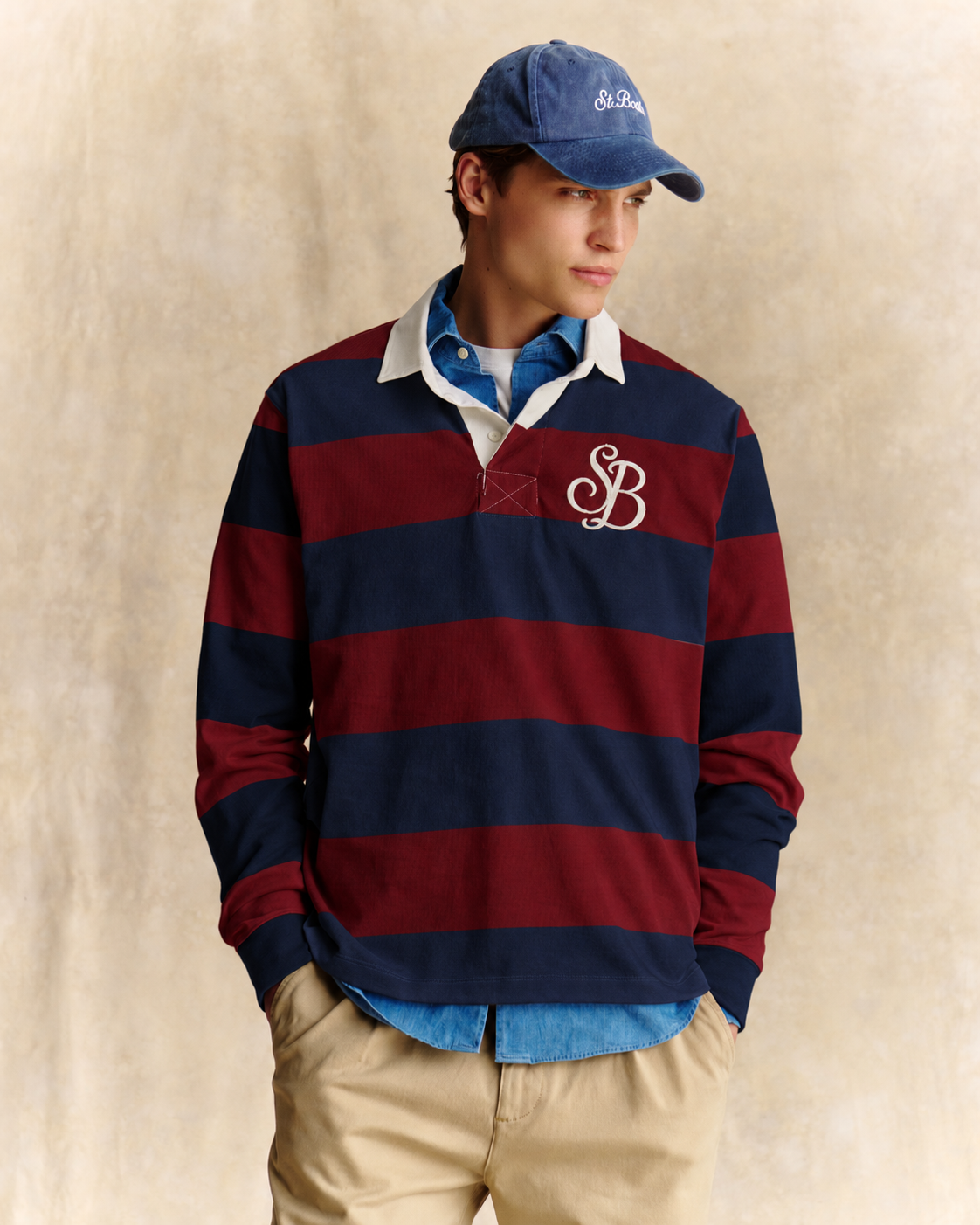 Polo rugby Quarterback a righe blu navy e bordeaux in cotone con monogramma SB Legacy