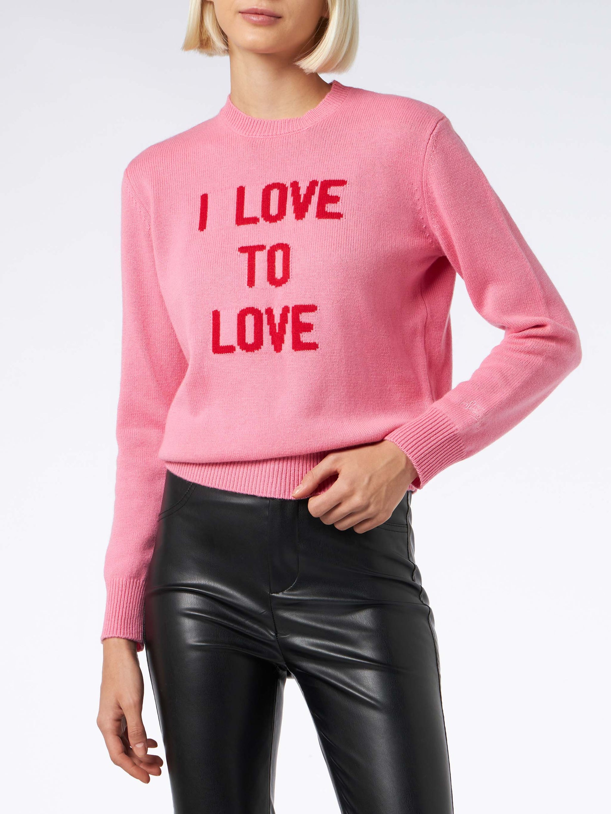 Woman crewneck pink sweater I love to Love jacquard | NIKI DJ SPECIAL EDITION - MC2 Saint Barth