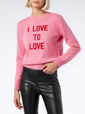 Woman crewneck pink sweater I love to Love jacquard | NIKI DJ SPECIAL EDITION - MC2 Saint Barth