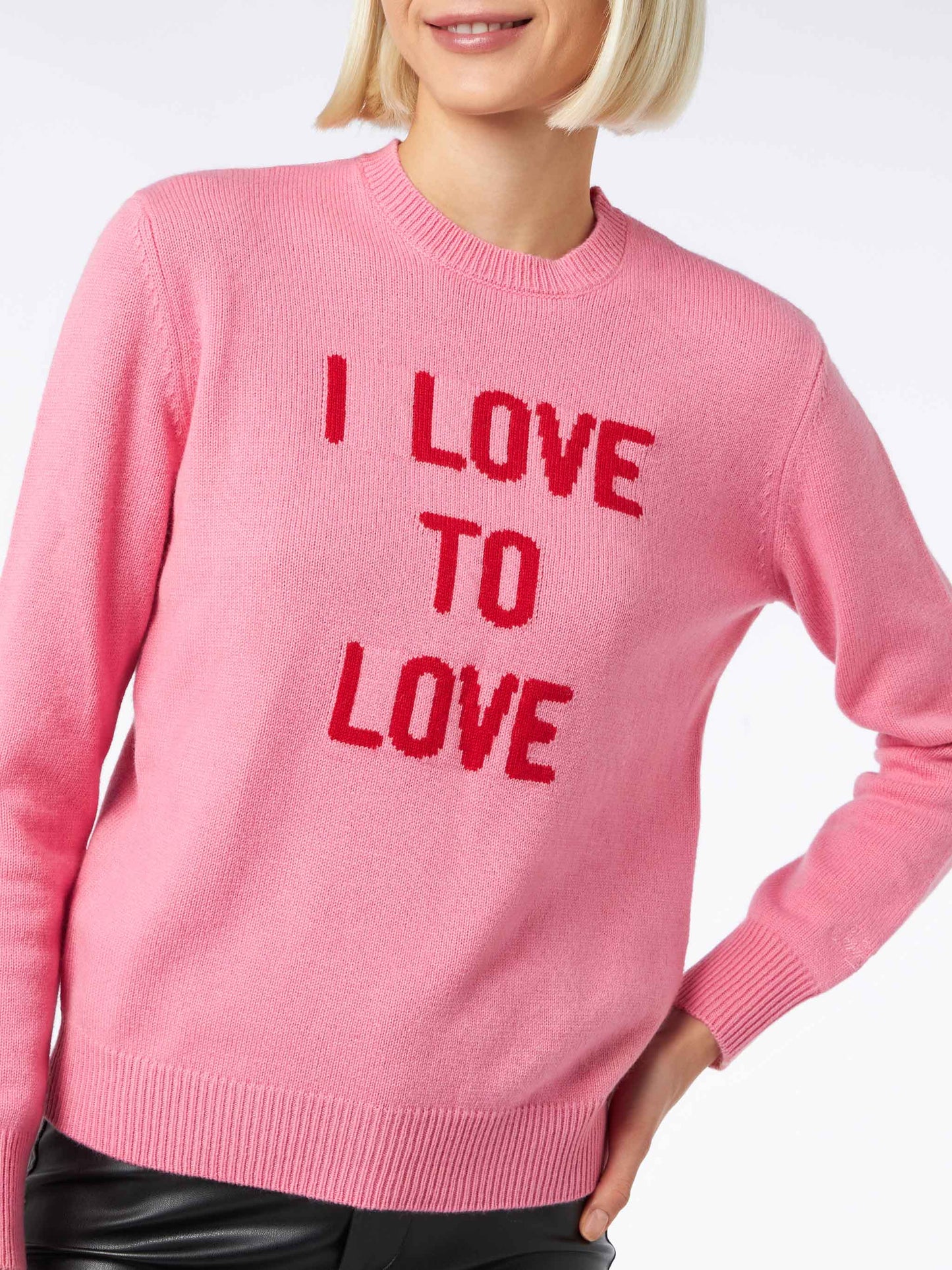 Woman crewneck pink sweater I love to Love jacquard | NIKI DJ SPECIAL EDITION - MC2 Saint Barth