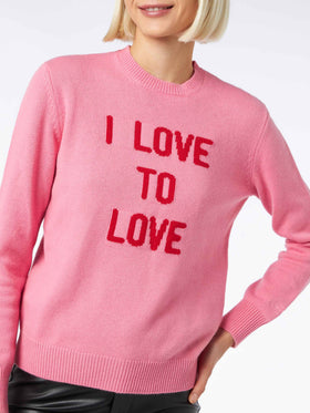 Woman crewneck pink sweater I love to Love jacquard | NIKI DJ SPECIAL EDITION - MC2 Saint Barth