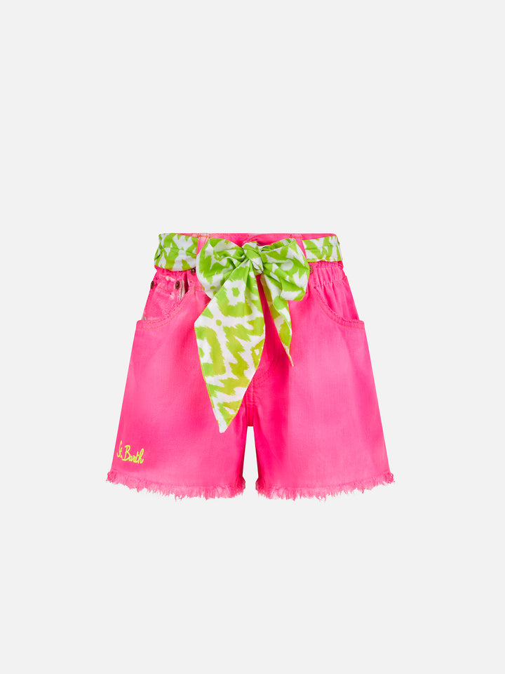 Girl fluo pink upcycled denim shorts with embroidery - MC2 Saint Barth