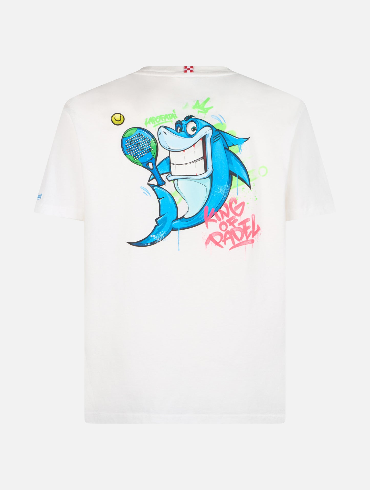 T-shirt en coton pour homme avec imprimé placé Crypto puppets Shark Padel devant et au dos | CRYPTO PUPPETS SPECIAL EDITION 