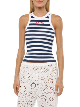 Blue striped Ada tank top with Beach Club embroidery