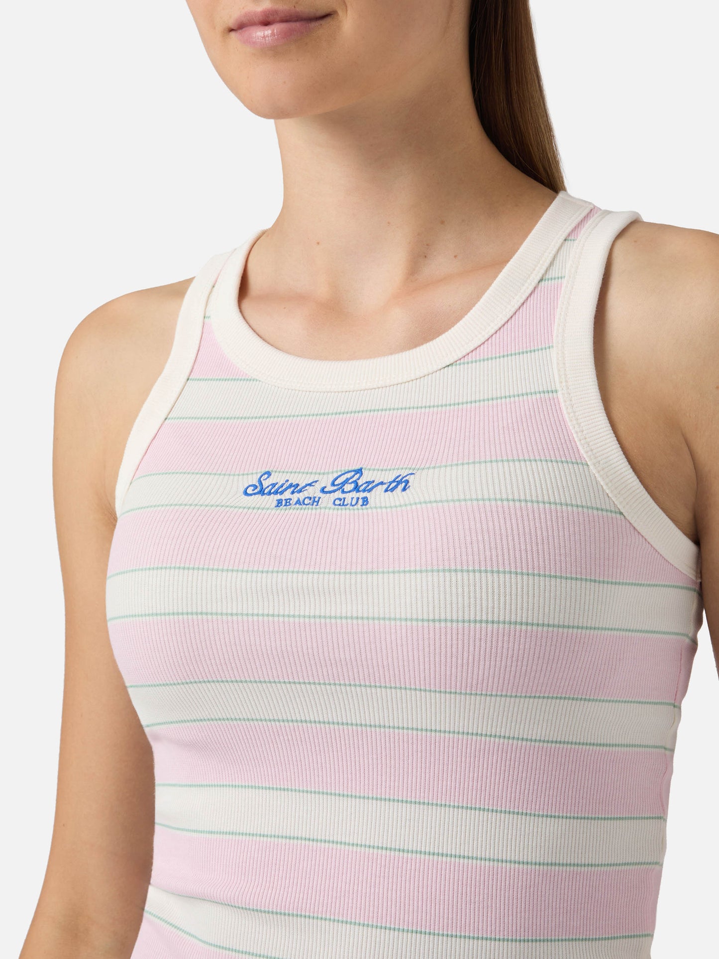 Pink striped Ada tank top with beach club embroidery