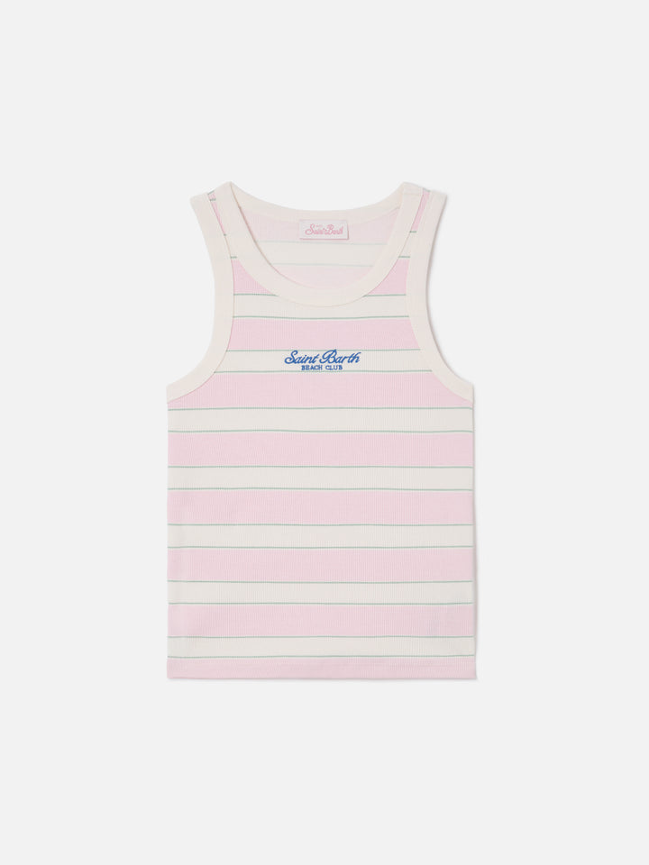 Canottiera Ada a righe rosa con ricamo beach club