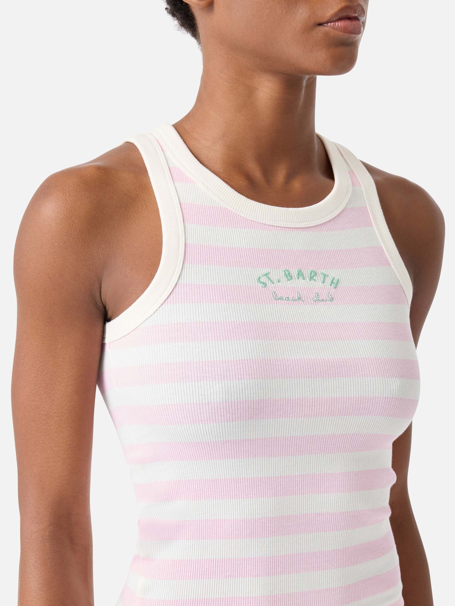 Gestreiftes Ada Tanktop in Pink mit Beach Club-Stickerei 