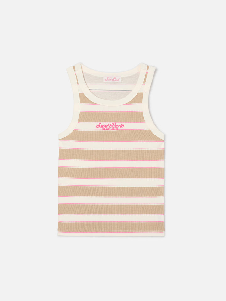 Canottiera Ada a righe beige con ricamo beach club