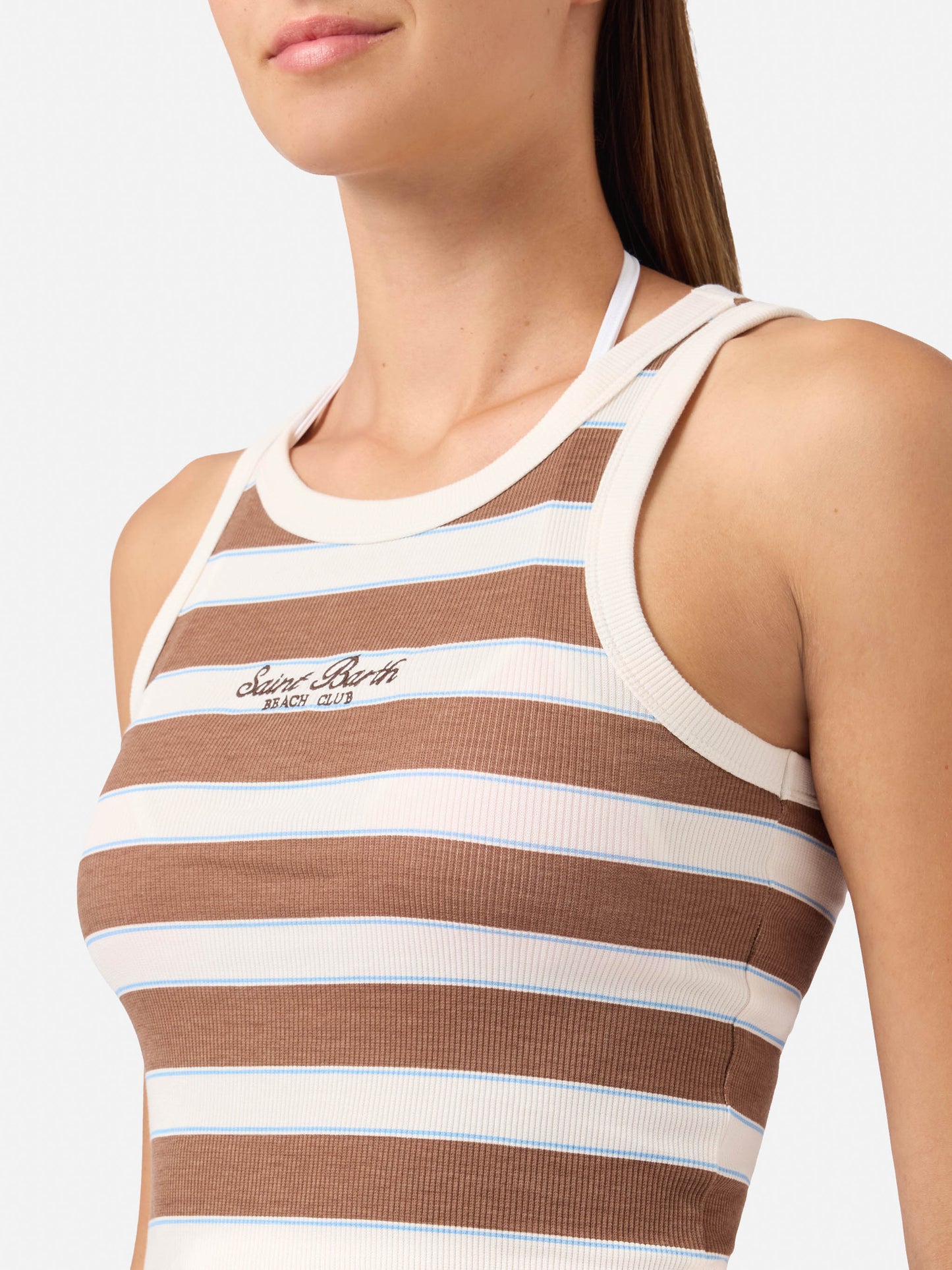 Débardeur Ada marron à rayures avec broderie beach club 
