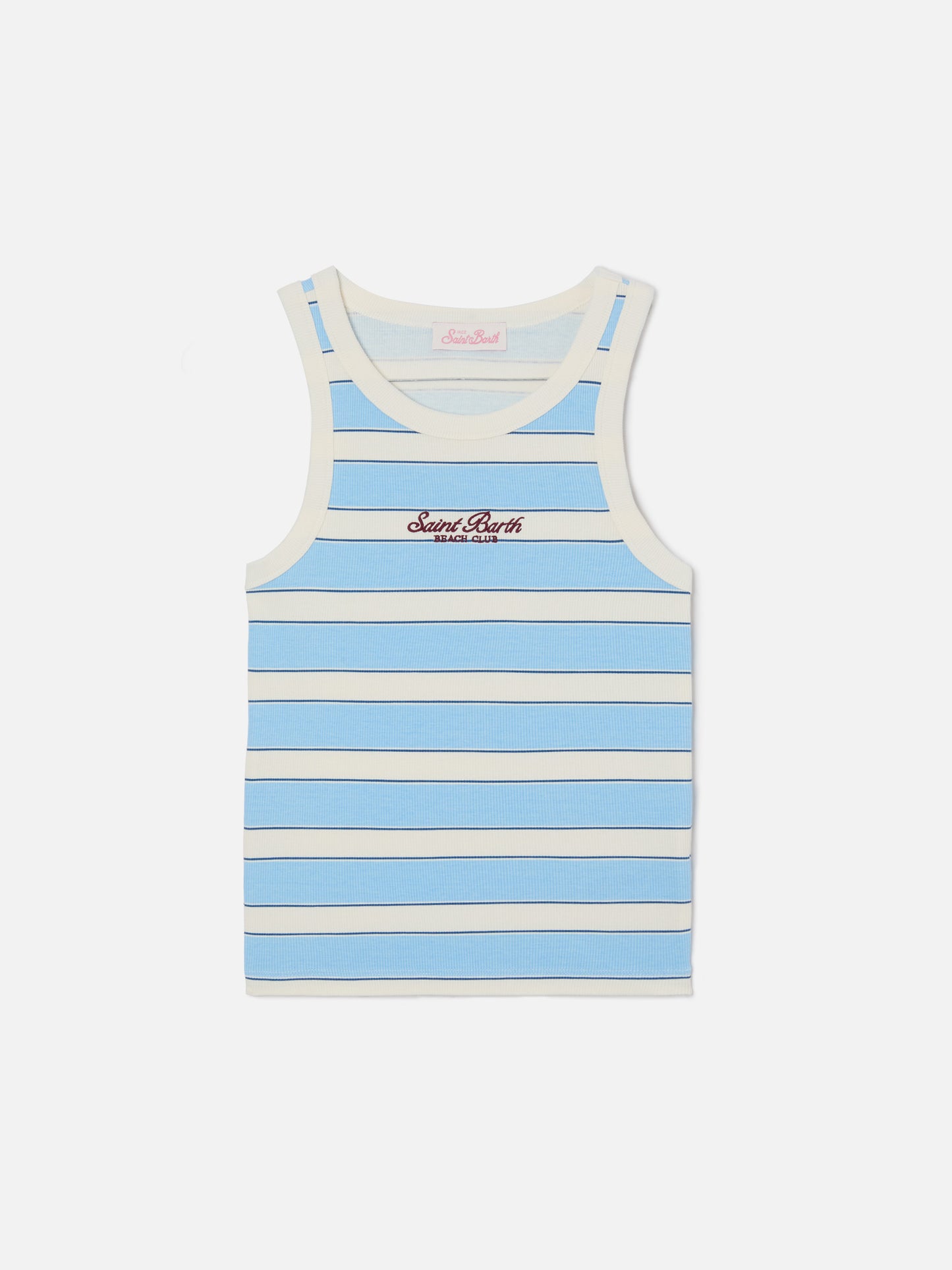 Light blue striped Ada tank top with beach club embroidery