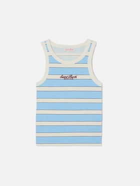 Light blue striped Ada tank top with beach club embroidery