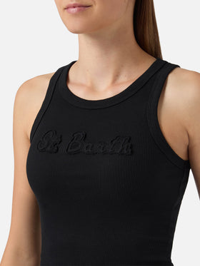 Ribbed black Ada tank top with raised logo patch