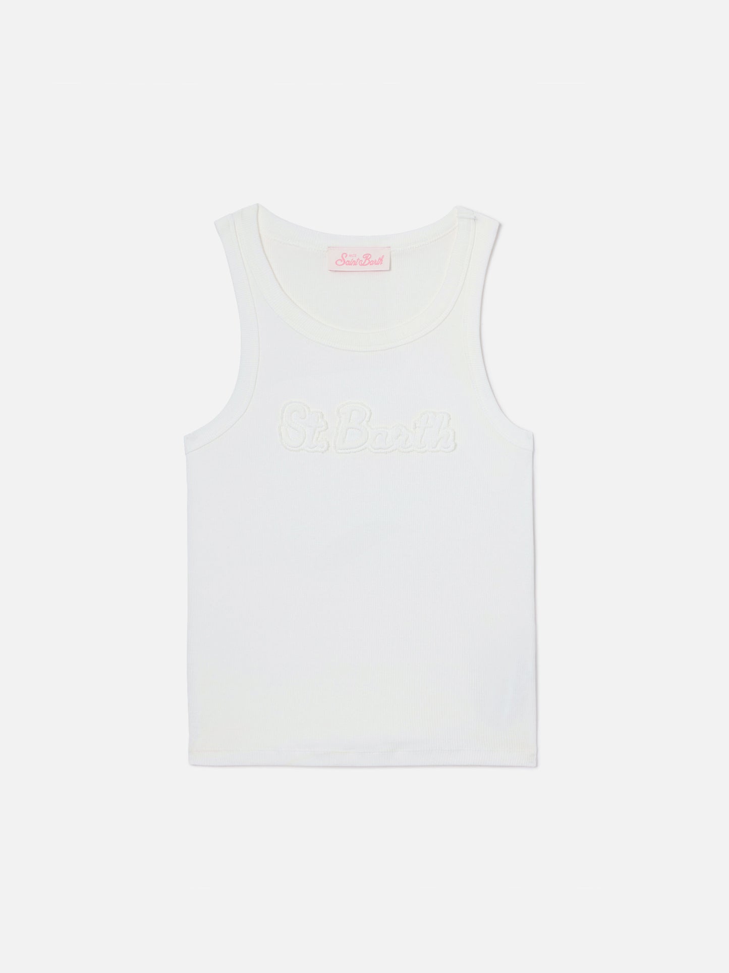Camiseta de tirantes Ada blanca acanalada con parche de logo en relieve 