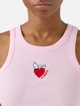 Top de tirantes Ada acanalado rosa con estampado de Snoopy y bordado St. Barth Lover | Edición especial 