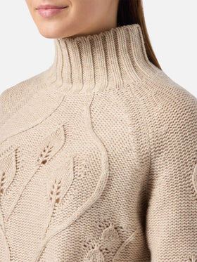 Beige high-neck Alais sweater in cashmere blend with 3D flowers