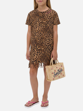 Abito Abbey in cotone con frange e stampa animalier