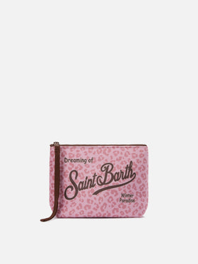 Aline Pouch in wool-effect fabric with pink leopard print