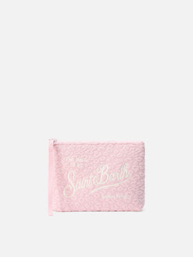Aline terry-effect pouch with pink embossed leopard pattern