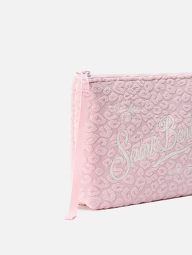 Aline terry-effect pouch with pink embossed leopard pattern