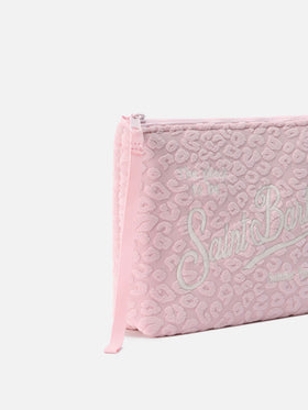 Aline terry-effect pouch with pink embossed leopard pattern