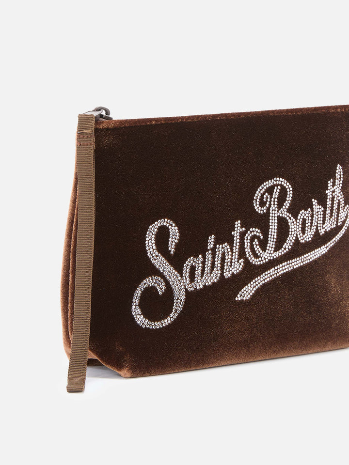 Pochette Aline Velvet in velluto cammello e strass