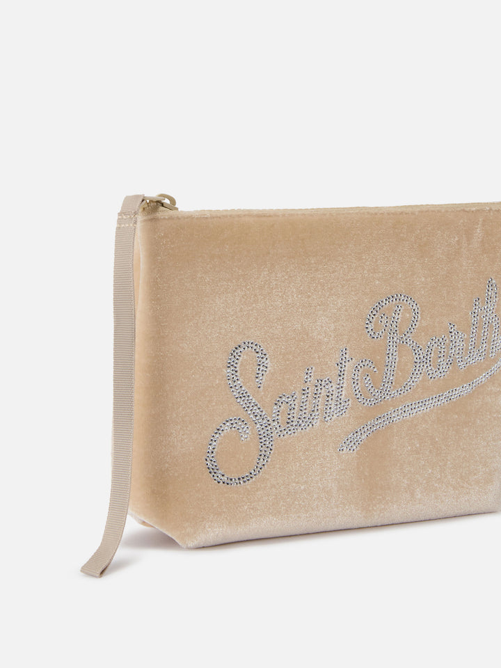 Aline beige velvet-effect scuba pouch with rhinestone logo