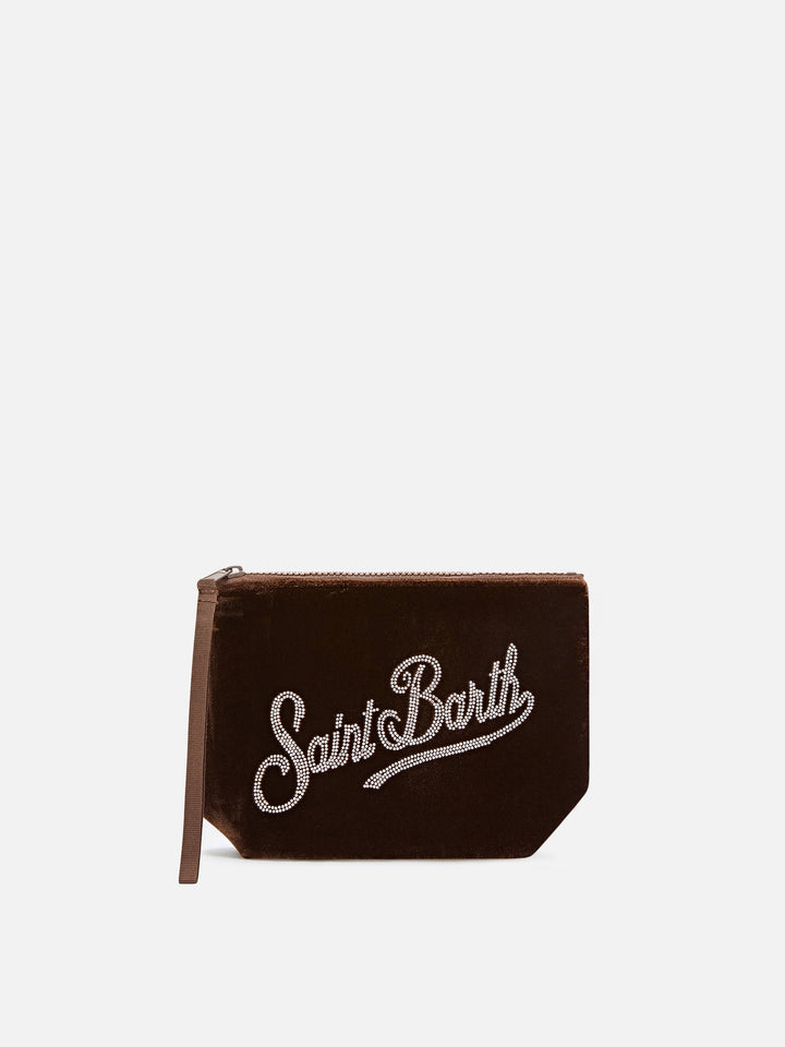 Bronzefarbener Aline-Samt pochette mit Strasslogo 