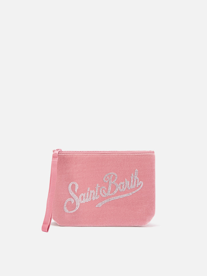 Rosa Aline aus Samt pochette mit Strass-Logo 