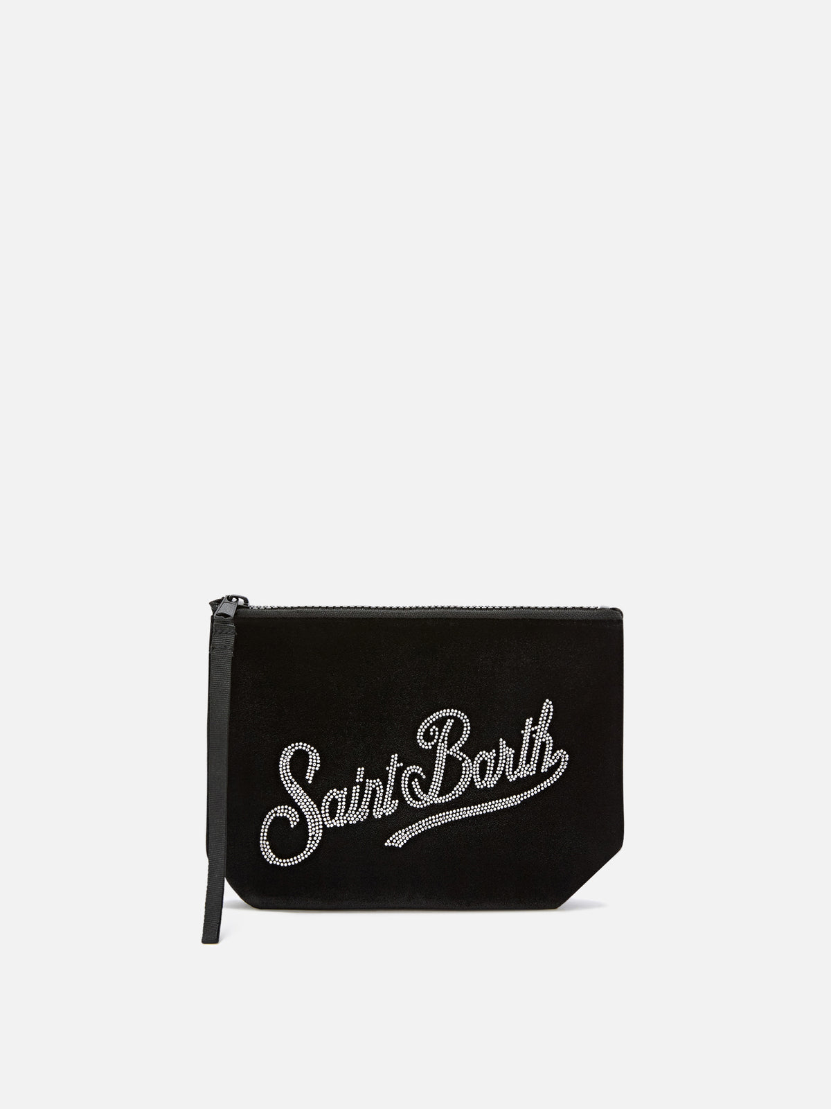 pochette de terciopelo negro Aline con logotipo de strass 