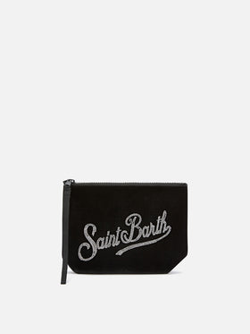 pochette de terciopelo negro Aline con logotipo de strass 