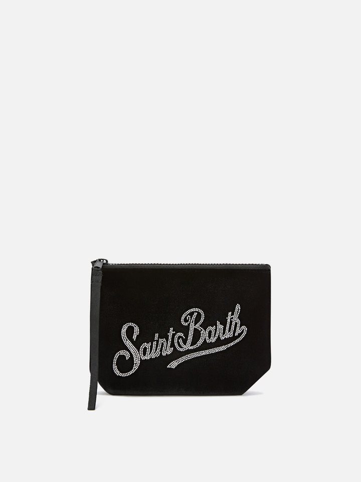 Schwarzes Aline aus Samt pochette mit Strasslogo 