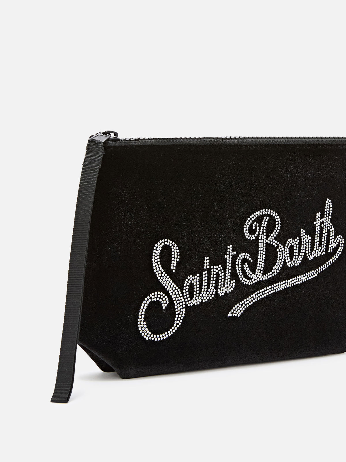 pochette de terciopelo negro Aline con logotipo de strass 