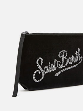 pochette de terciopelo negro Aline con logotipo de strass 